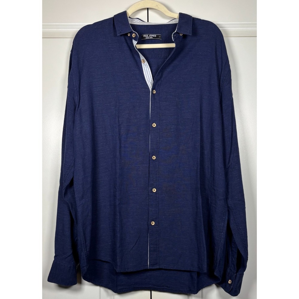 Paul Jones Mens Button Down Shirt Navy Blue Linen Textured Long Sleeve Classic L